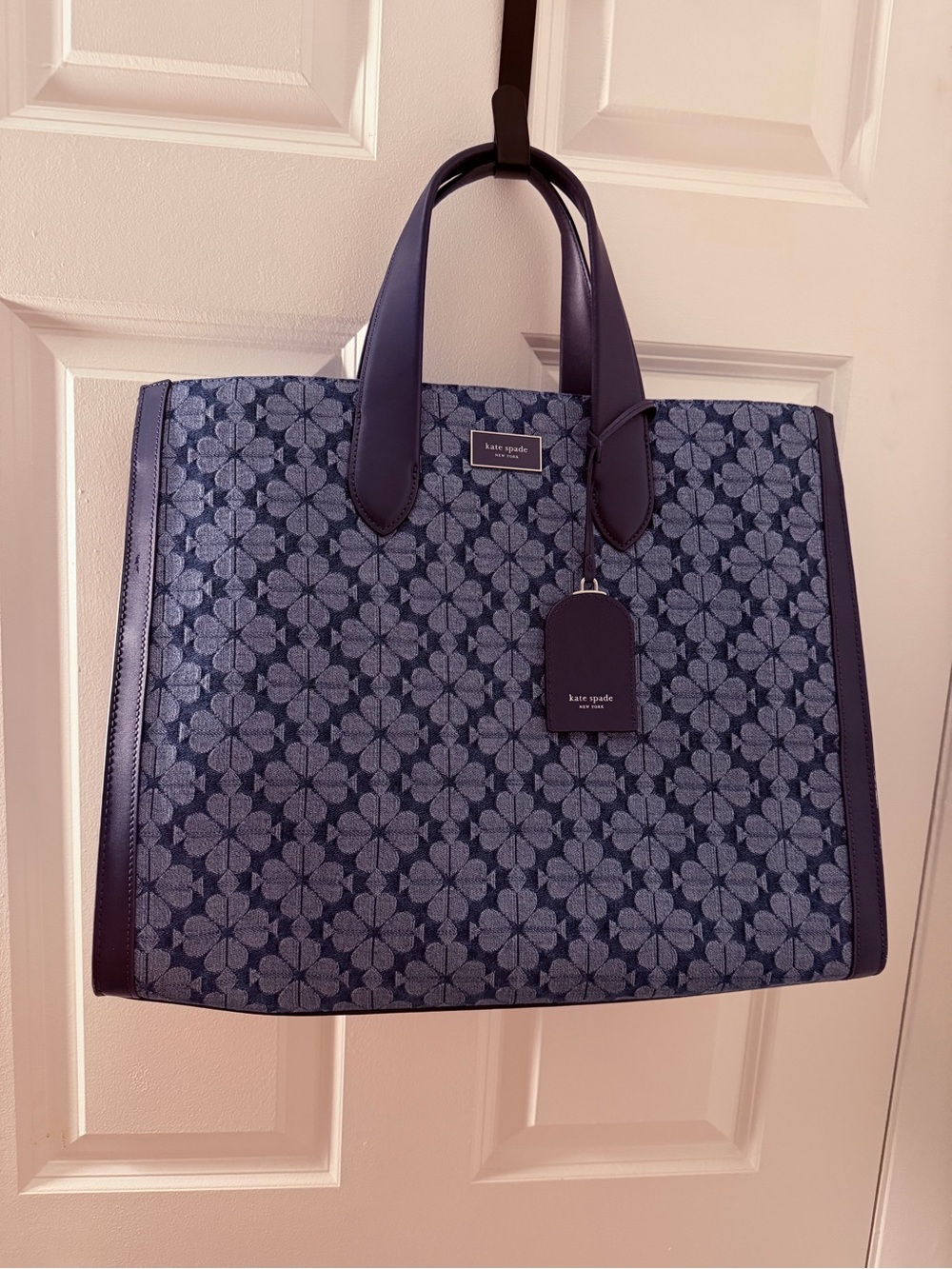 kate spade navy floral jacquard tote with dark leather trim